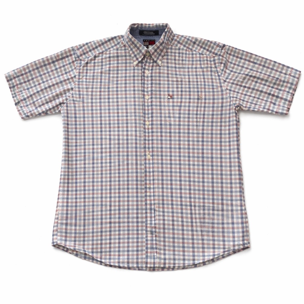 Tommy Hilfiger Plaid Button Down Shirt Mens Size L Short Sleeve Preppy Coastal‎